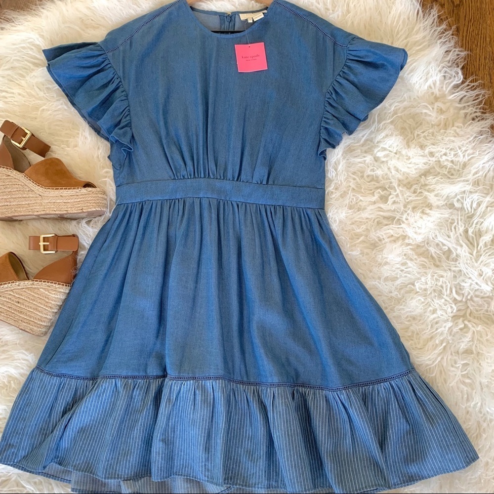 NEW KATE SPADE Chambray Fluffer Sleeve Ruffle Hem Indigo Mini Dress size 8 - Picture 11 of 16